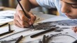 © hobonski - Close-up of a young artist's hand skillfully sketching with charcoal on paper. The focus is on the hand and the developing artwork, showcasing the creative process in action.