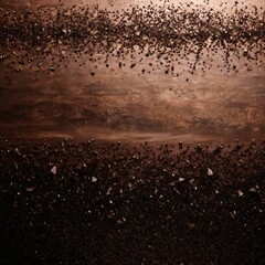 Poster - a close-up view dark brown, textured surface with scattered small, irregularly shaped objects resembling rocks or stones The objects are not evenly distributed, creating