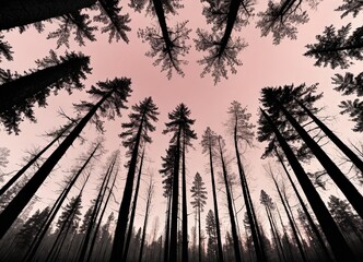 Aufkleber - A low-angle view dense forest canopy, with the silhouettes of tall trees against a pinkish-orange sky