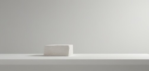 Poster - A white cube rests on a white shelf against a plain gray background