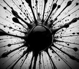 Leinwandbilder - a black and white photograph large, abstract splash of paint or ink, with a central black blob surrounded by radiating lines and dots