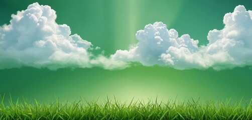 Poster - A serene landscape with a lush green field, a clear blue sky, and fluffy white clouds