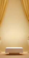 Aufkleber - A white pedestal stands against a golden wall, flanked by two ornate vases on either side