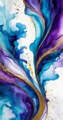 Leinwandbilder - an abstract painting featuring a swirling pattern of blue, purple, and gold colors, with splashes of white and gold adding depth and dimension
