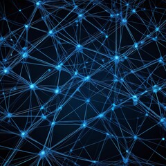Poster - a complex network of interconnected blue lines and dots, resembling a digital or technological network The lines and dots are arranged in a grid-like