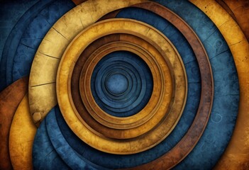 Aufkleber - a complex arrangement of concentric circles in various shades of blue, yellow, and brown, creating a visually striking and abstract pattern.