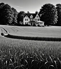 A large white house with a peaked roof and chimney sits atop a grassy hill, surrounded by a field of tall grass and trees in a black and white photograph