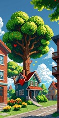 Aufkleber - A whimsical illustration tree with a heart-shaped trunk growing out house, surrounded by a colorful garden, flowers, and a clear blue sky