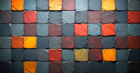Leinwandbilder - a grid of square tiles in various shades of gray, black, and orange, arranged in a pattern that fills the entire frame