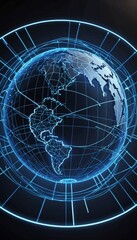 Poster - a globe, encased within a circular frame, with a network of blue lines and lines of light emanating from it, creating a futuristic and