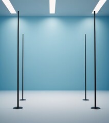 Aufkleber - a minimalist interior design with a blue wall, three black poles, and a white floor