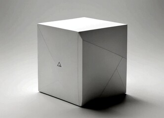 Aufkleber - A minimalist white cube with a triangular symbol on its left side, set against a plain white background