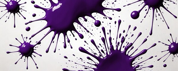 Poster - a close-up view of purple paint splatters against a white background The splatters are scattered randomly, creating a sense of spontaneity and movement The does