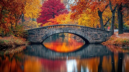 historic stone bridge over a calm river, surrounded by autumnal trees in vibrant shades of red, orange, and yellow