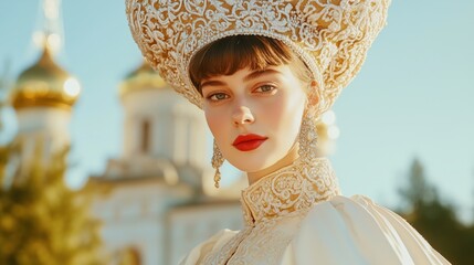 Elegant woman in traditional kokoshnik headpiece for cultural fashion focus