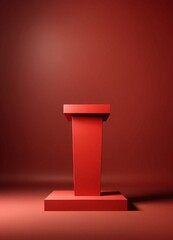 Leinwandbilder - A red podium stands alone against a deep red background, casting a shadow on the floor beneath it
