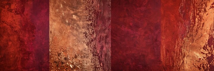 Leinwandbilder - a collage of four vertical panels, each with a distinct color and texture, arranged in a grid-like pattern The top left panel is a deep red, the top right panel is
