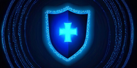 Poster - A glowing blue shield with a cross at its center, surrounded by a ring of blue lights, against a dark background