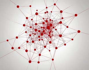 Poster - a complex network of red lines and dots, resembling a web or a network of interconnected nodes, against a white background
