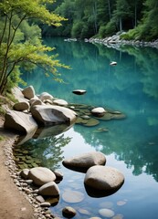 Poster - A serene river flows through a lush forest, its calm waters reflecting the verdant surroundings and the towering trees that line its banks.