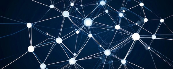 Poster - a complex network of interconnected white dots, resembling a web of connections, against a dark blue background