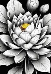 Poster - A striking monochrome illustration lotus flower, featuring a central yellow center surrounded by intricate white petals and leaves