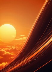 Poster - a vibrant sunset over a cloudy sky, with a large, bright sun partially obscured by the clouds The sun's rays are visible, casting a warm glow across the scene The