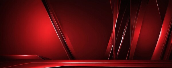 Poster - a striking abstract composition of intersecting red lines and beams against a deep red background, creating a sense of depth and movement