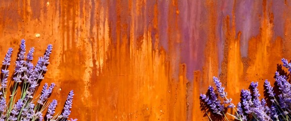 Fototapete - Lavender flowers in the foreground contrast with a rusted, orange-brown background