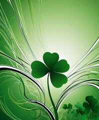 A vibrant green shamrock stands out against a background of swirling lines and rays of light, creating a dynamic and visually striking composition