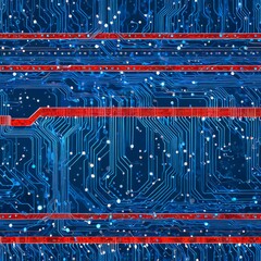 Leinwandbilder - a detailed view circuit board, showcasing a complex network of blue and red lines and dots The lines, varying in thickness, are arranged in a