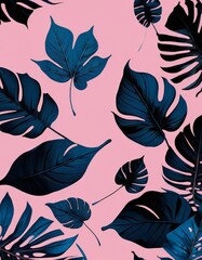 Poster - a repeating pattern of tropical leaves in shades of blue and black against a pink background