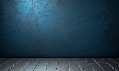 Poster - a dark blue textured wall with a wooden floor in the foreground