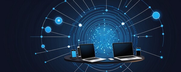 Poster - a futuristic workspace with two laptops, a smartphone, and a tablet, all connected to a network of glowing blue lines and dots, suggesting a digital environment