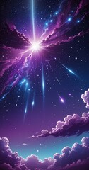 Poster - A starburst radiates light across a night sky filled with clouds and twinkling stars