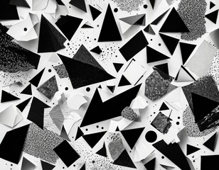 a black and white abstract composition featuring a variety of geometric shapes, including triangles, rectangles, and circles, scattered across a white background.