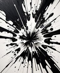 Fototapete - a striking black and white abstract composition, with a central black blob surrounded by radiating lines and splatters of black paint