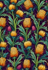 Poster - a repeating pattern of yellow flowers with green leaves against a purple background