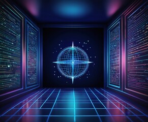 Poster - A futuristic room with a large screen displaying a globe and a star-like pattern, surrounded by computer servers with glowing lines and dots