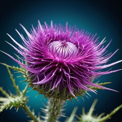 Poster - A close-up vibrant purple thistle flower in full bloom, with its distinctive spiky petals and a central white center, set against a dark blue background