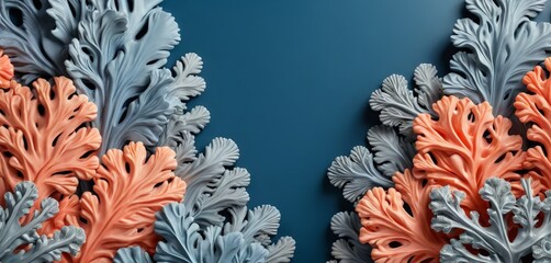 Poster - a close-up view collection of artificial coral or leaf-like structures in shades of orange and gray against a blue background