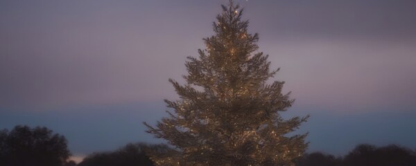 Poster - A tall, bare Christmas tree stands against a dark, cloudy sky, its branches adorned with twinkling lights