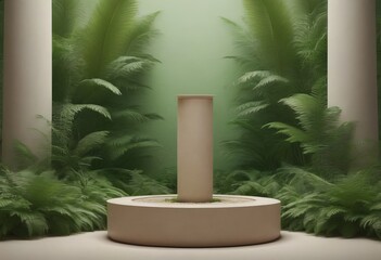 Poster - A cylindrical white pillar stands in the center circular platform, surrounded by lush green ferns and towering columns, creating a serene and tranquil atmosphere
