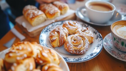 Wall Mural - Warm swedish fika with cinnamon buns in a cozy cafe setting for relaxation and comfort