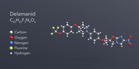 Poster - delamanid molecule 3d rendering, flat molecular structure with chemical formula and atoms color coding