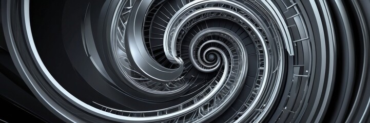 Fototapete - a spiral staircase with a metallic, futuristic design, featuring a repeating pattern of curved lines and a central black element.