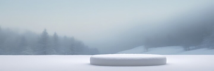Aufkleber - A snow-covered round object sits in the foreground, with a snowy mountain landscape and trees in the background, all under a foggy sky