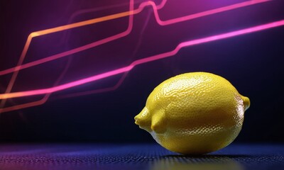 Leinwandbilder - A bright yellow lemon rests on a dark blue surface, with a blurred background of colorful light trails