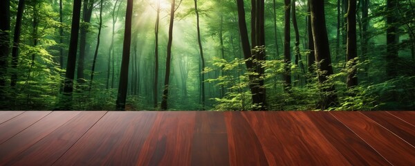 Poster - A wooden platform overlooks a dense, lush forest with sunlight filtering through the trees, creating a serene and tranquil atmosphere
