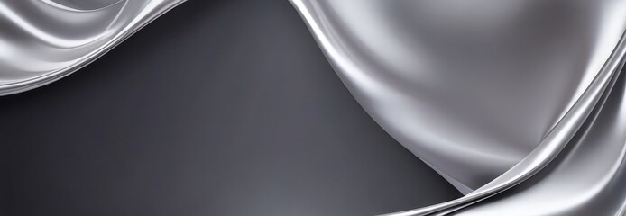 Fototapete - a silver fabric with a flowing, wavy texture, set against a dark background The fabric appears to be made shiny, metallic material, giving it a sleek and